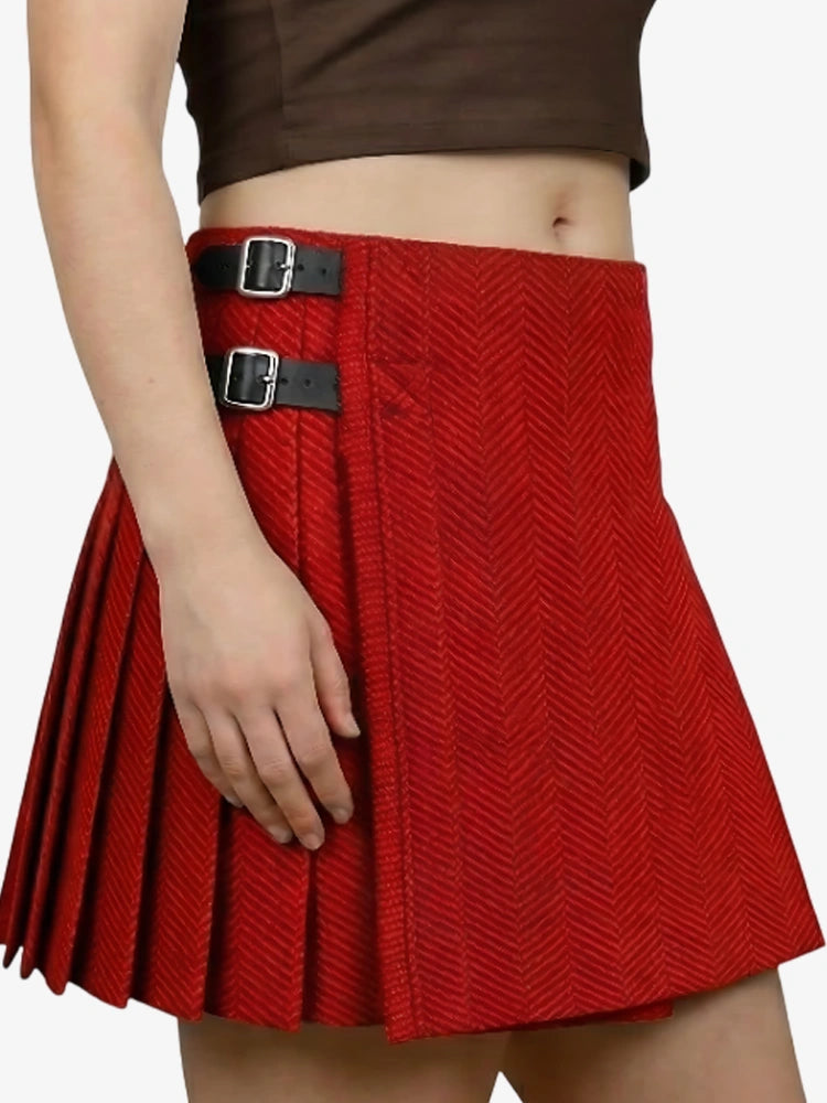 Damen Rot-Schwarz Fischgrät Tweed Kilt