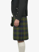 Person wearing a dark gray jacket and a plaid kilt on a white background