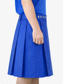 Blue dress with pleated skirt and decorative buttons on a white background
