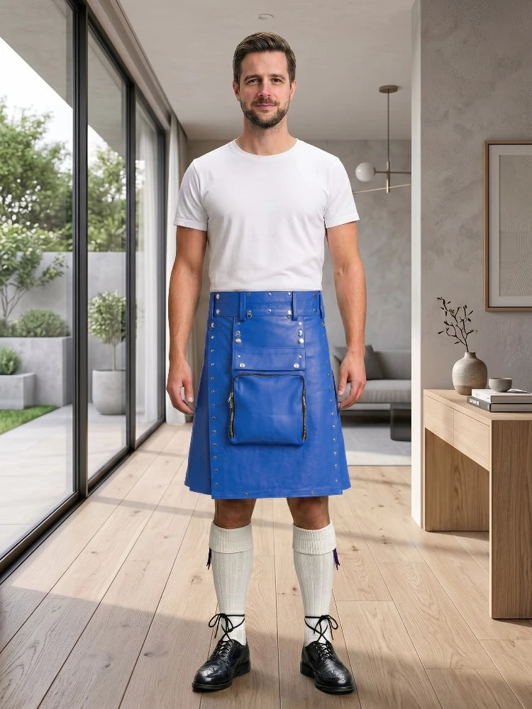 Royal Blue Leather Utility Kilt Front Side