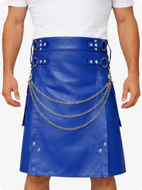 Royal Blue Leather Utility Kilt with Chain Detailing & Adjustable Straps