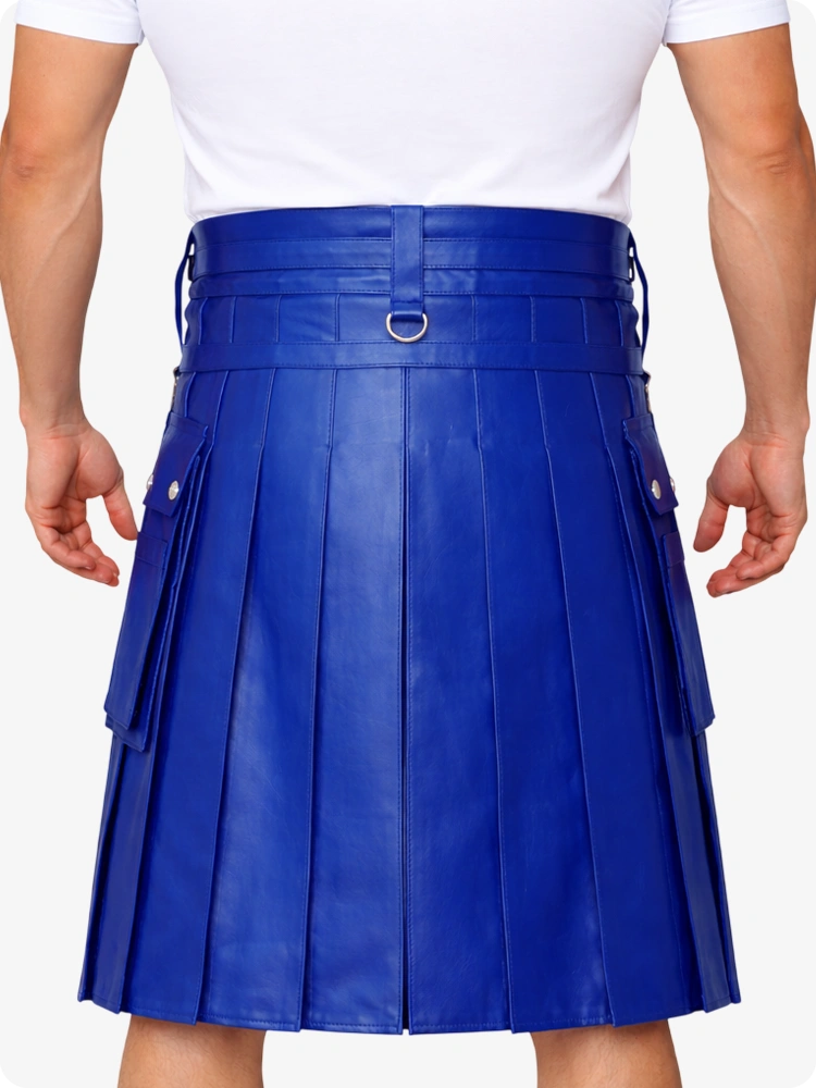 Royal Blue pleated kilt worn by a person on a white background