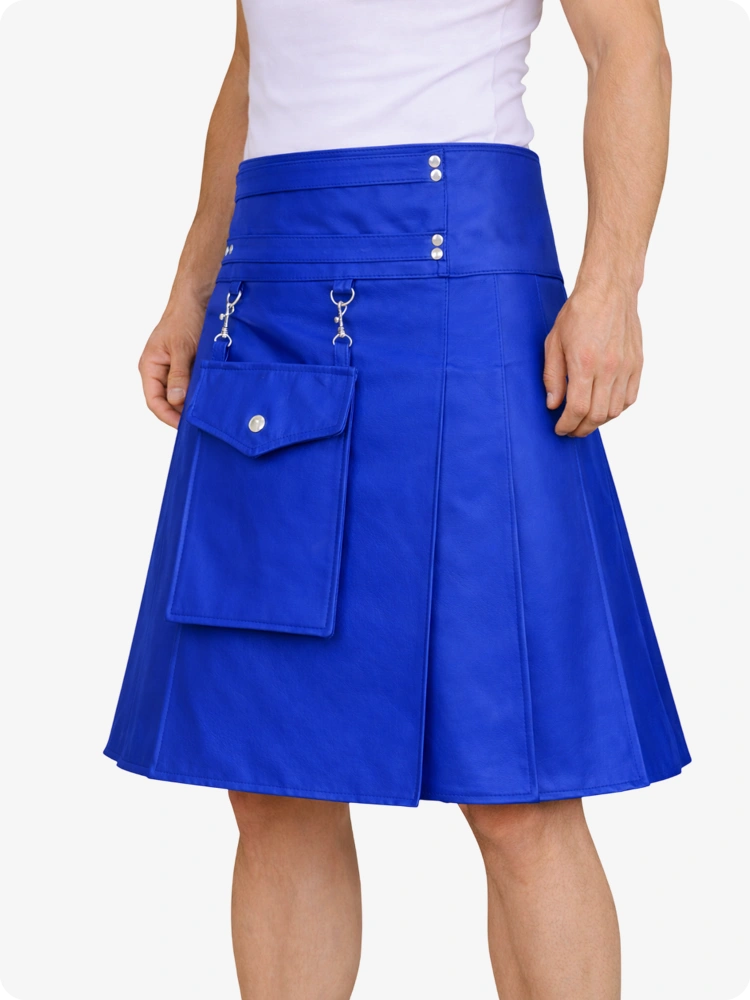 Royal Blue skirt with silver buttons and zippers on a white background