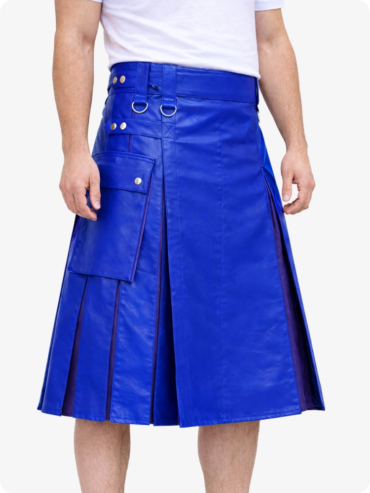 Royal Blue Leather Utility Kilt with Purple Pleats, Side Pockets & D-Ring Hardware