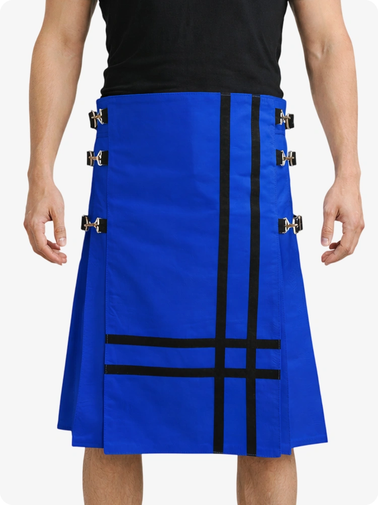Royal Blue kilt with black accents worn by a person on a white background
