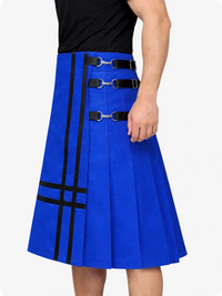 Royal Blue skirt with black straps and buckles on a white background