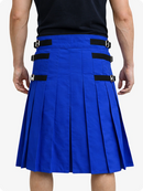 Royal Blue pleated skirt with black straps worn by a person on a white background
