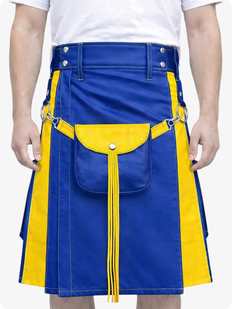 Königsblauer Leder Utility Kilt mit gelben Akzenten & abnehmbaren Taschen