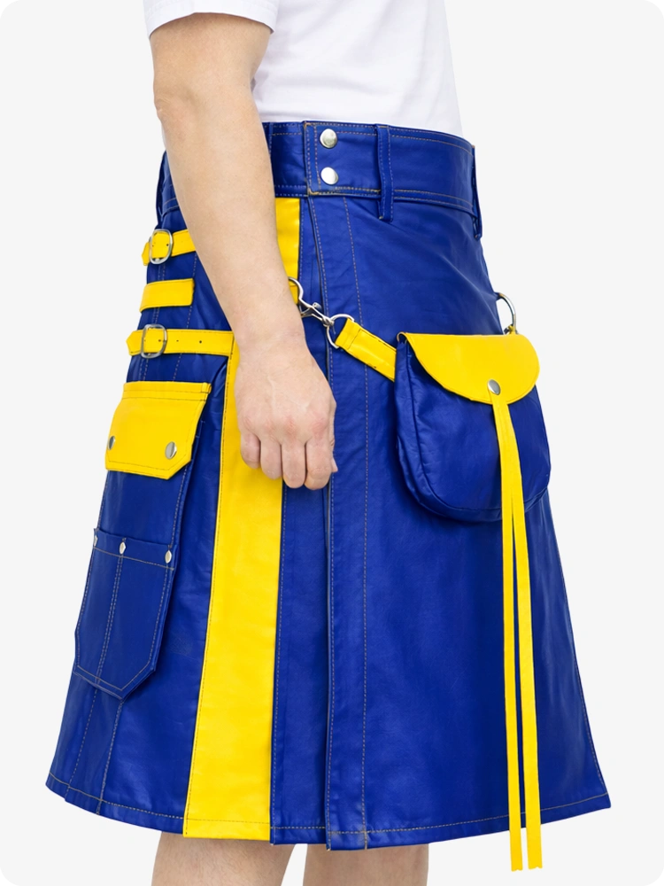 Königsblauer Leder Utility Kilt mit gelben Akzenten & abnehmbaren Taschen
