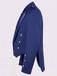 A royal blue double-breasted blazer with silver-toned decorative studs on the lapels and cuffs, shown in a side profile view against a light gray background.