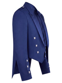 A royal blue structured blazer with silver-toned square buttons, shown in a side profile view against a plain white background.