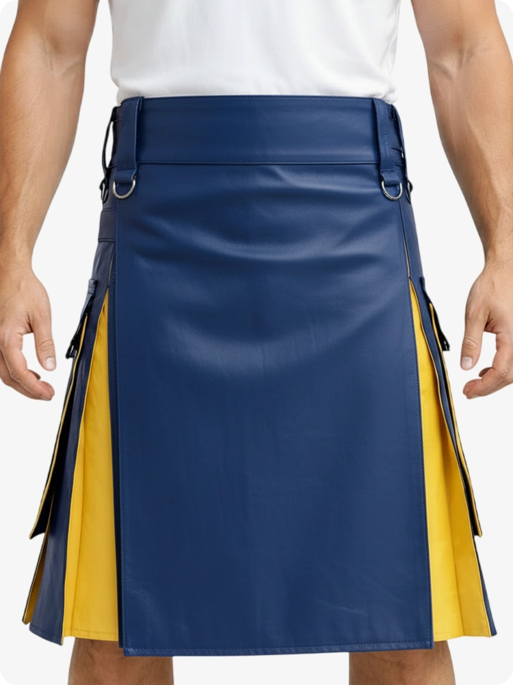 Royalblau & Gelb Leder Utility Kilt mit Cargotaschen