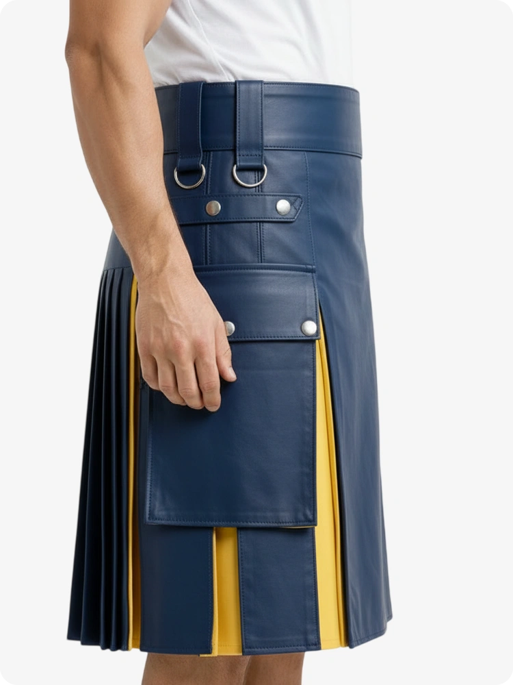 Royalblau & Gelb Leder Utility Kilt mit Cargotaschen