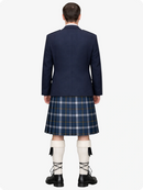 Person wearing a navy blazer and plaid kilt on a white background