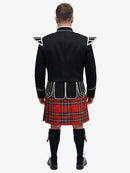 Person wearing a black doublet jacket and royal stewart tartan kilt on a white background