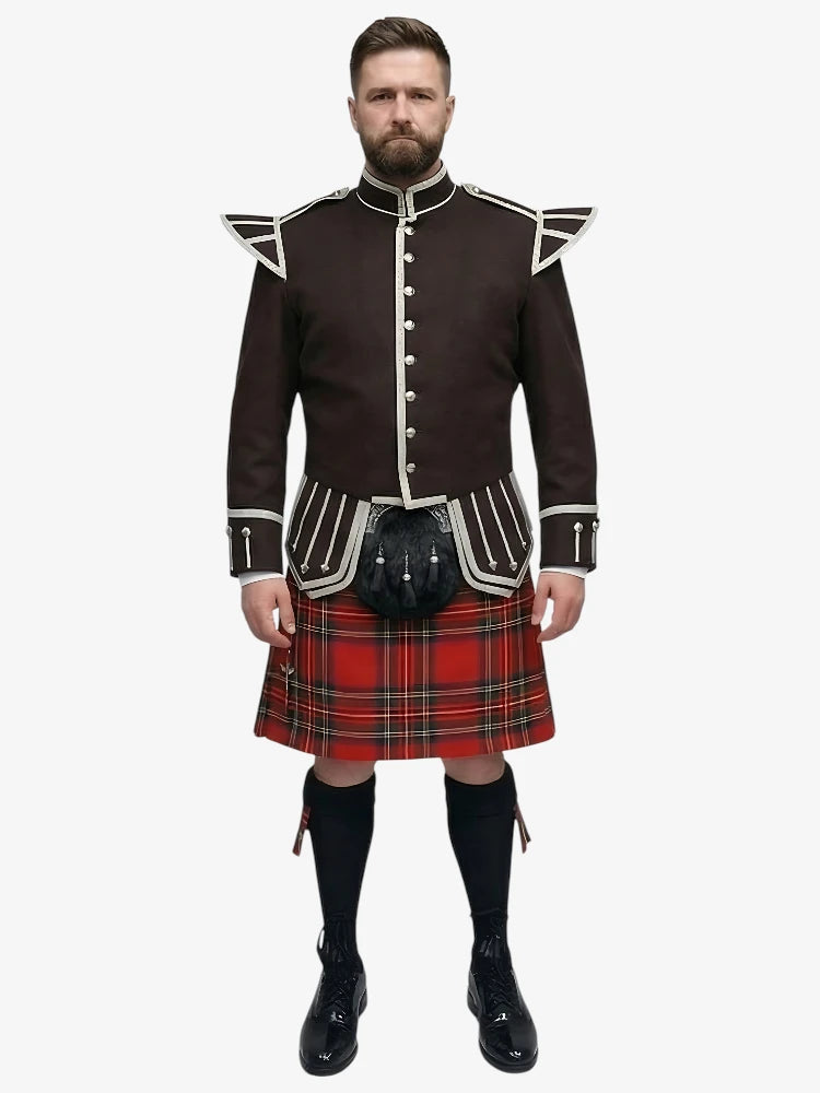 Royal Stewart Tartan Doublet Kilt Outfit mit dunkelbrauner Jacke