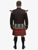 Person wearing a traditional Scottish royal stewart tartan kilt and dark brown jacket with a white background