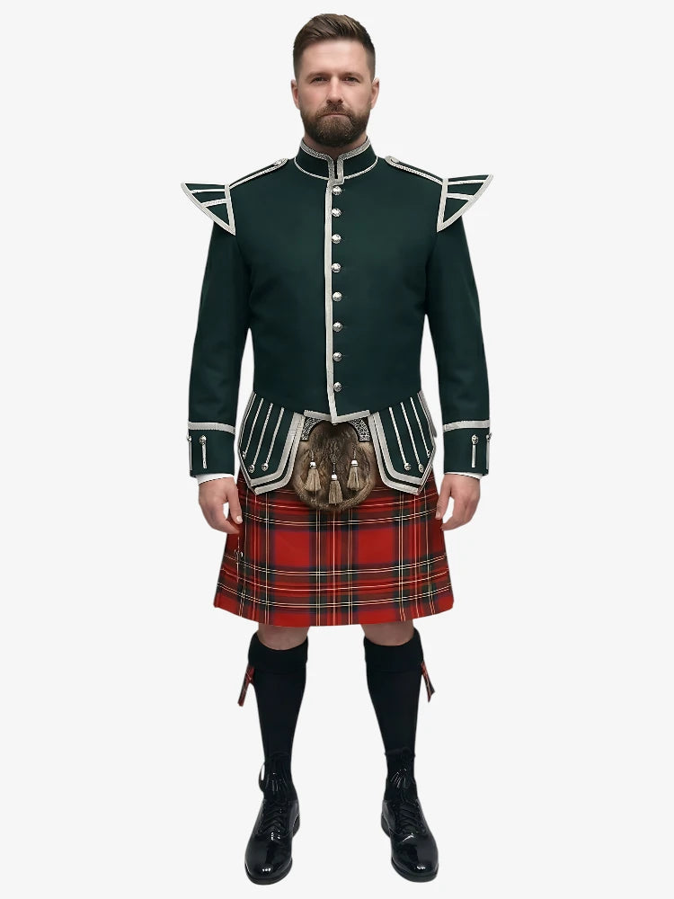 Royal Stewart Tartan Doublet Kilt Outfit mit dunkelgrünem Jackett