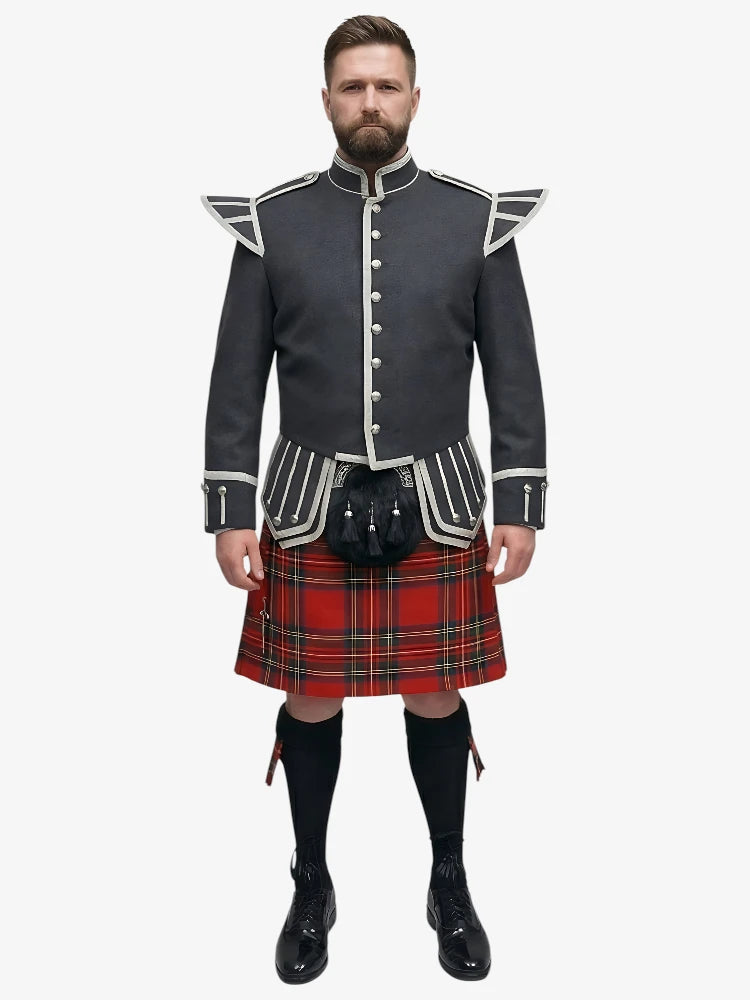 Royal Stewart Tartan Doublet Kilt Outfit mit Dunkelgrauer Jacke