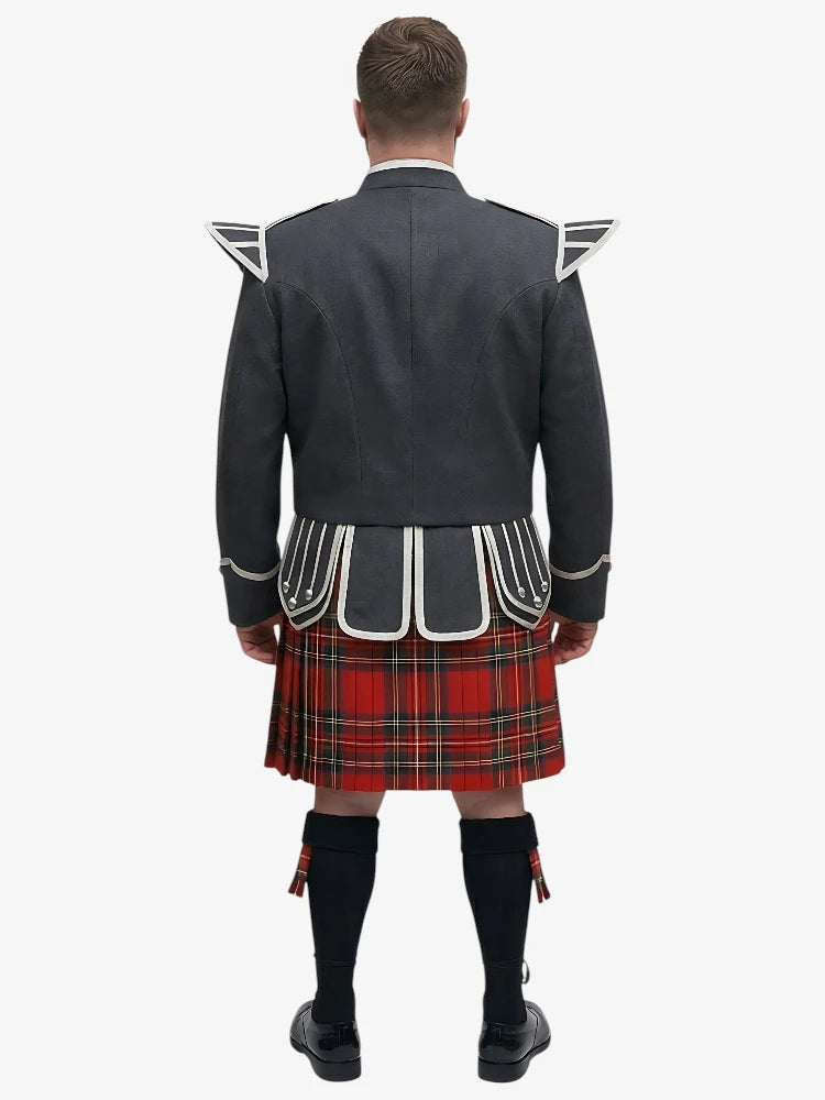 Royal Stewart Tartan Doublet Kilt Outfit mit Dunkelgrauer Jacke