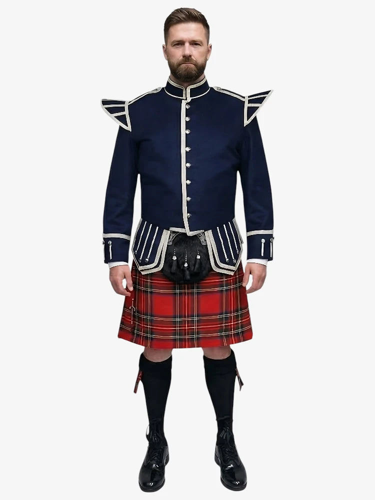 Royal Stewart Tartan Doublet Kilt Outfit mit Marineblauer Jacke