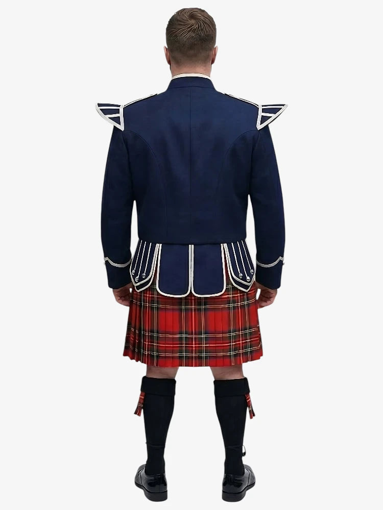 Royal Stewart Tartan Doublet Kilt Outfit mit Marineblauer Jacke