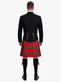 Person wearing a black prince charlie jacket and royal stewart tartan kilt on a white background
