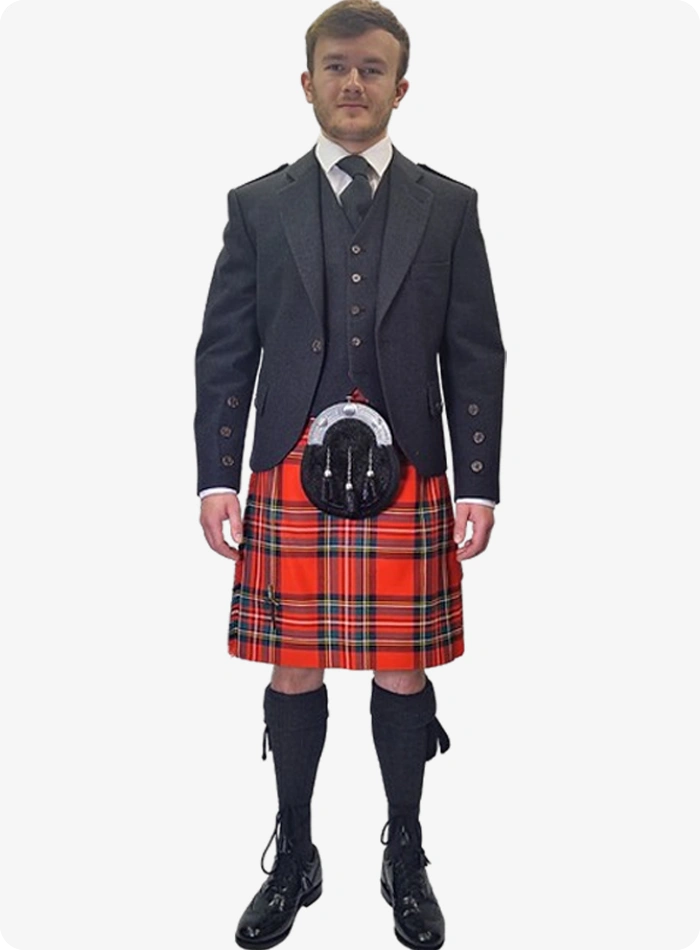 Maßgefertigtes Royal Stewart Tartan Hochzeits-Kilt-Outfit
