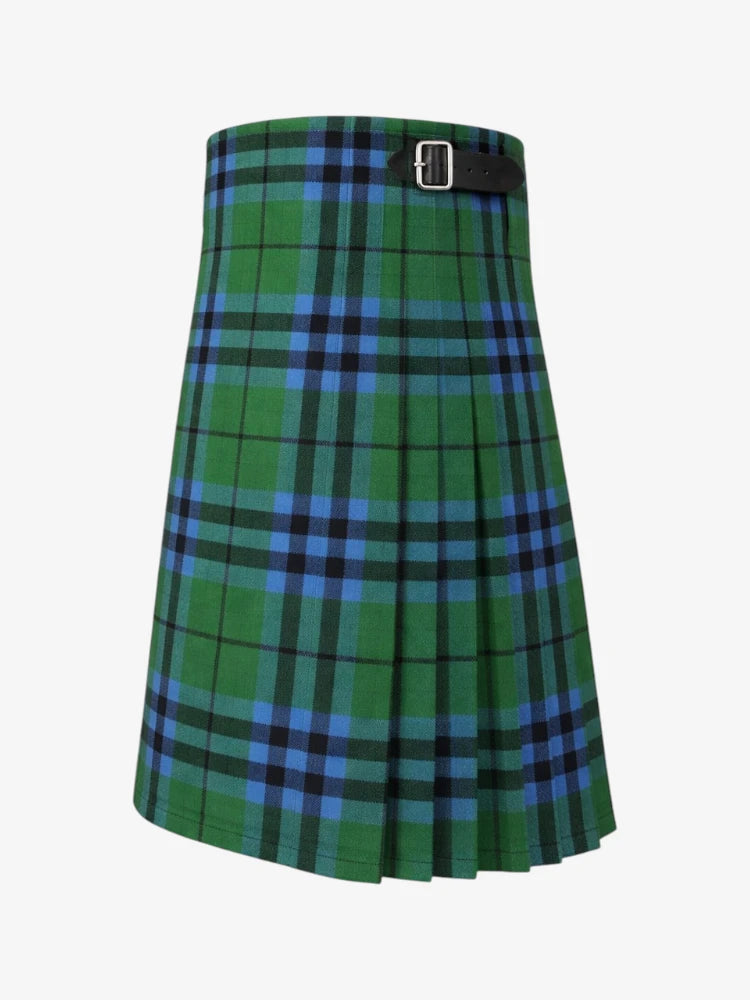 Green and blue plaid kilt on a white background