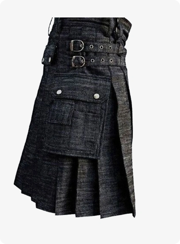 Maßgefertigter Schottischer Schwarzer Denim Utility Kilt