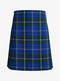 Plaid kilt with blue and green pattern on a white background