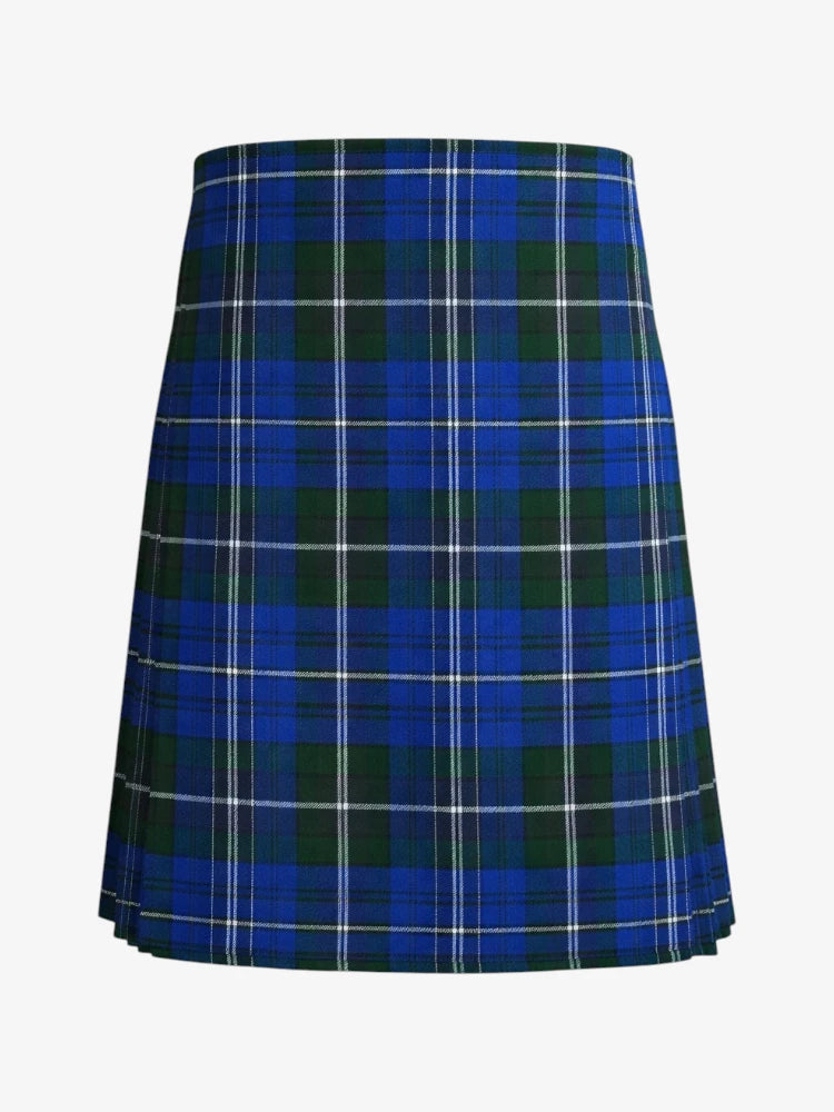 Plaid kilt with blue and green pattern on a white background