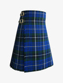 Blue and green plaid kilt with a belt on a white background