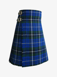 Blue and green plaid kilt with a belt on a white background