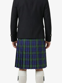 Person wearing a black jacket and blue plaid kilt on a white background