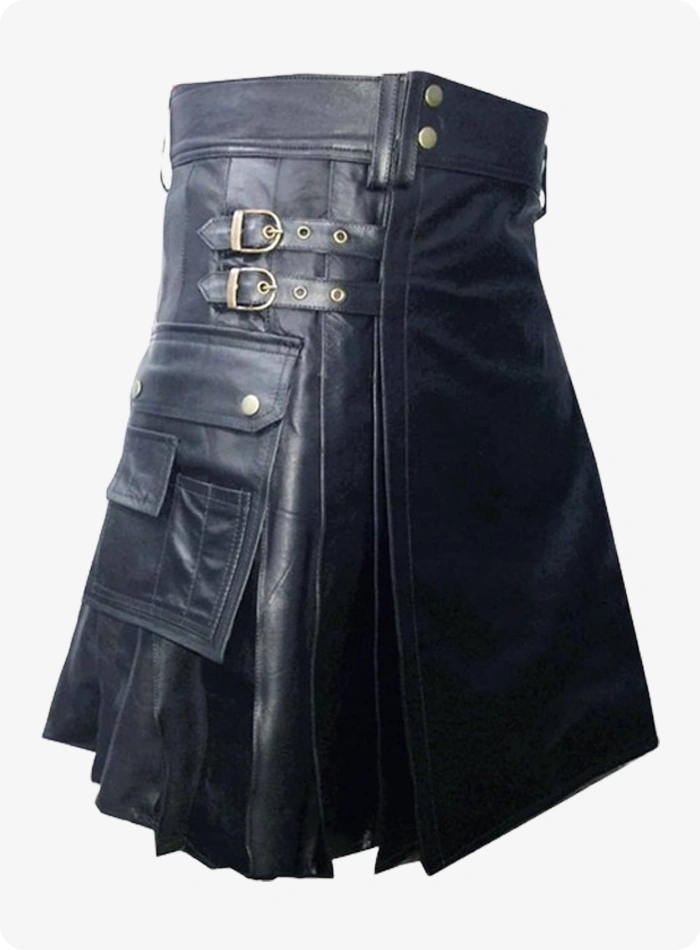 Handgefertigter Glänzender Schwarzer Leder-Kilt