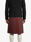 Person wearing a black jacket and red plaid kilt on a white background