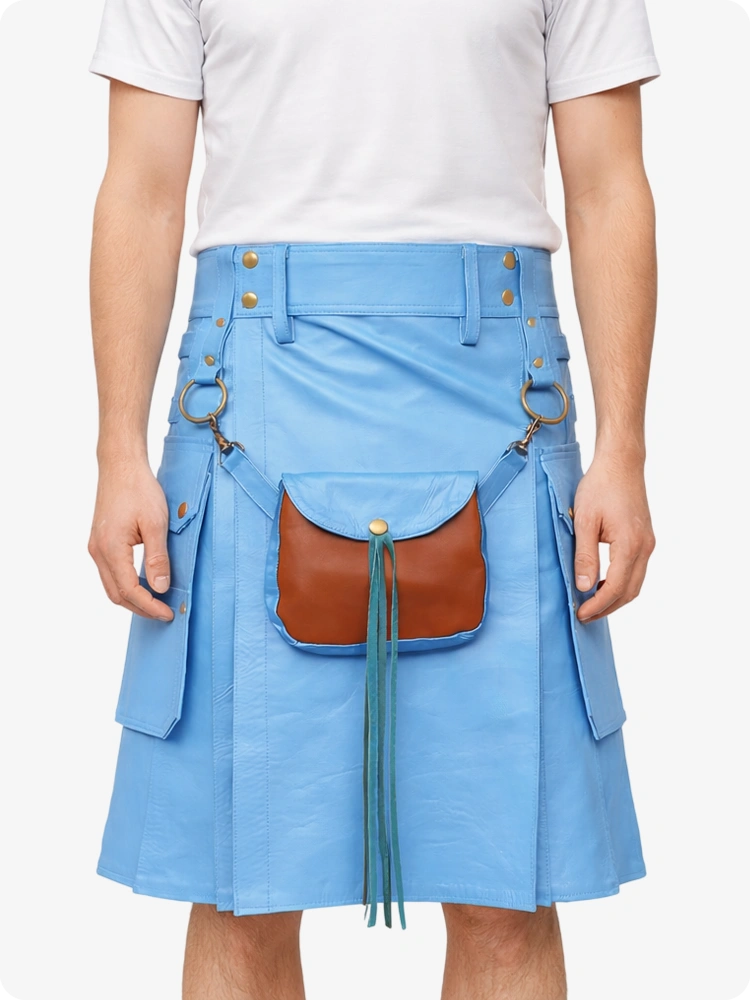 Himmelblauer Cyan Leder Utility Kilt mit Front-Sporran