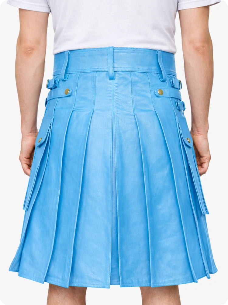 Sky blue cyan pleated skirt worn by a person on a white background