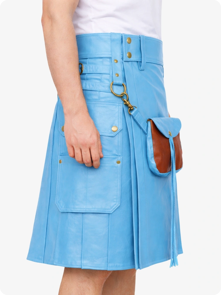 Himmelblauer Cyan Leder Utility Kilt mit Front-Sporran