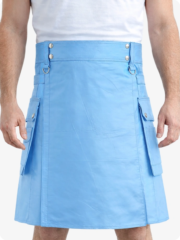 Himmelblauer Echtleder Utility Kilt mit Cargotaschen & D-Ringen