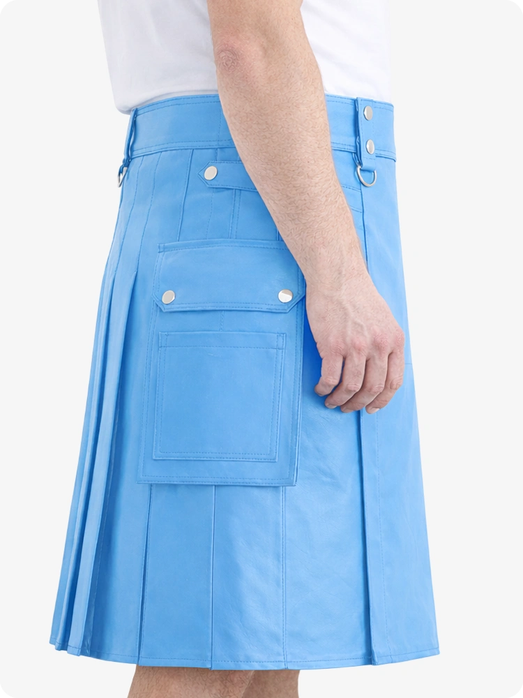 Himmelblauer Echtleder Utility Kilt mit Cargotaschen & D-Ringen