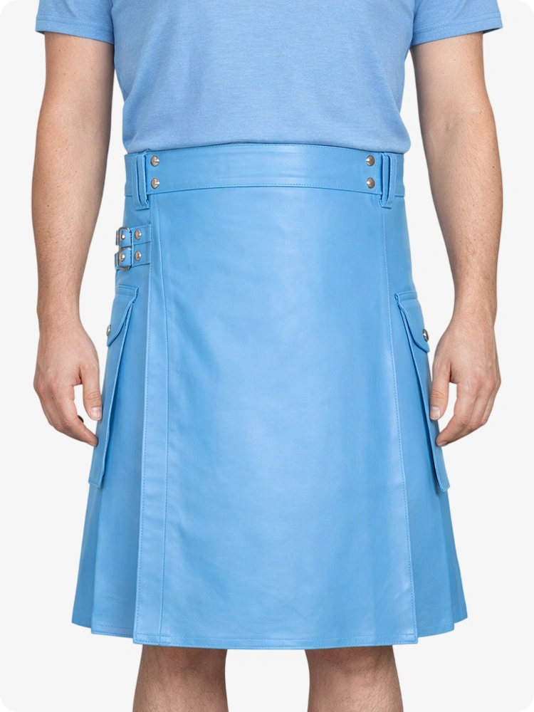 Himmelblauer Utility-Kilt aus echtem Leder mit Seitentaschen