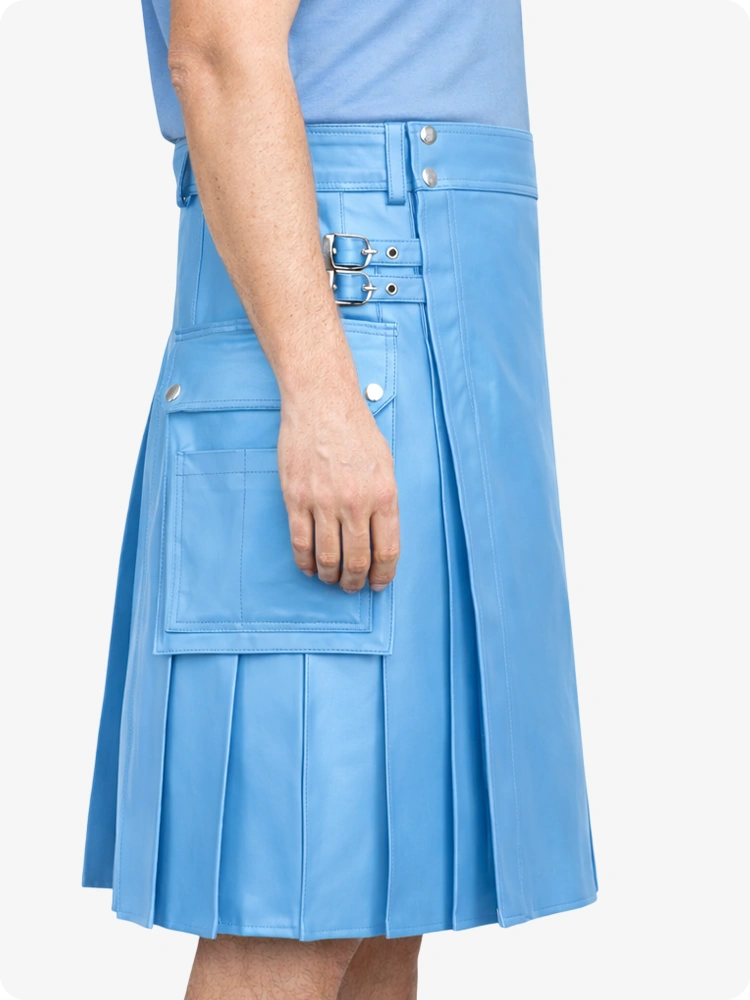 Himmelblauer Utility-Kilt aus echtem Leder mit Seitentaschen