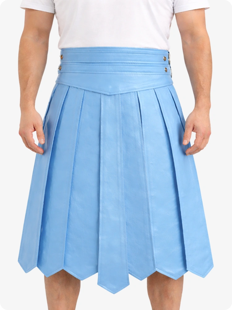 Himmelblauer Leder Highland Kilt mit verstellbarer Schnallen-Taille und klassischen Falten