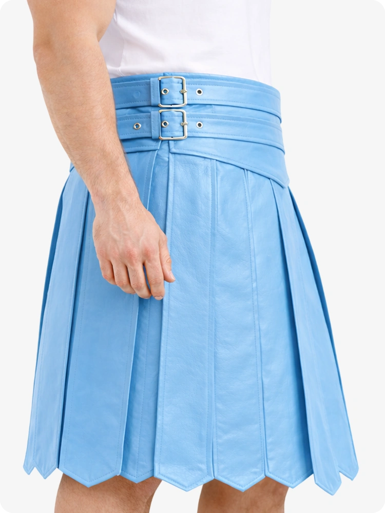 Himmelblauer Leder Highland Kilt mit verstellbarer Schnallen-Taille und klassischen Falten