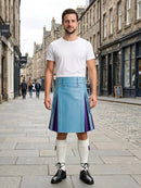 Sky Blue Leather Kilt With Purple Pleats Front Side