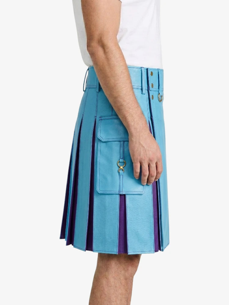 Sky Blue Leather Kilt With Purple Pleat Right