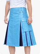 Sky Blue kilt with purple accents worn by a person on a white background
