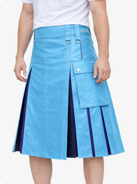 Sky Blue kilt with purple accents worn by a person on a white background